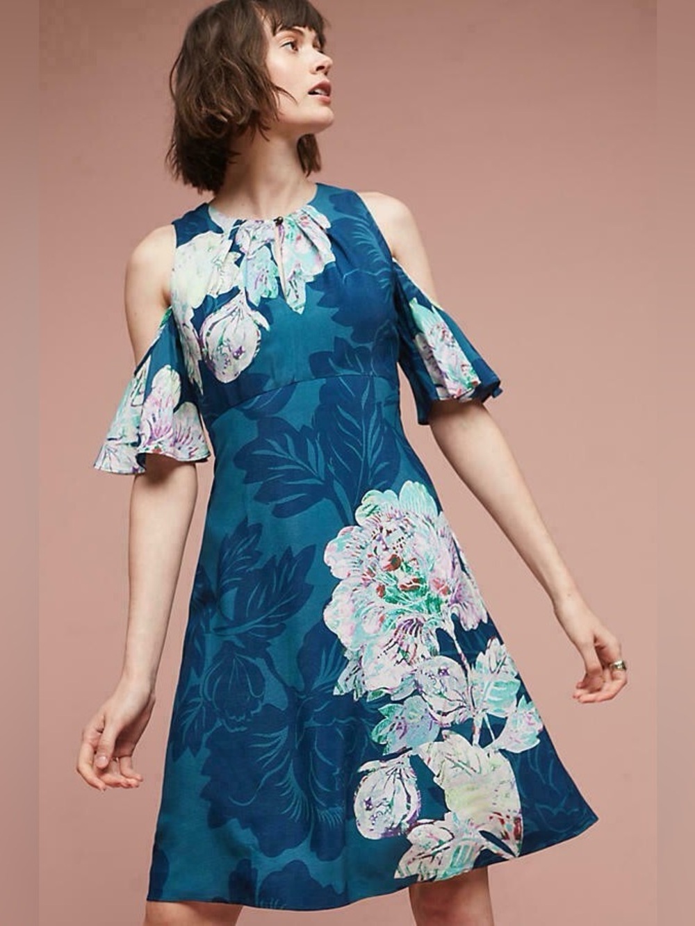 Maeve Anthropologie Elia Open Shoulder Teal Floral Dress